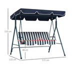 3-seat swing chair with blue canopy and navy-and-white striped cushions, front view