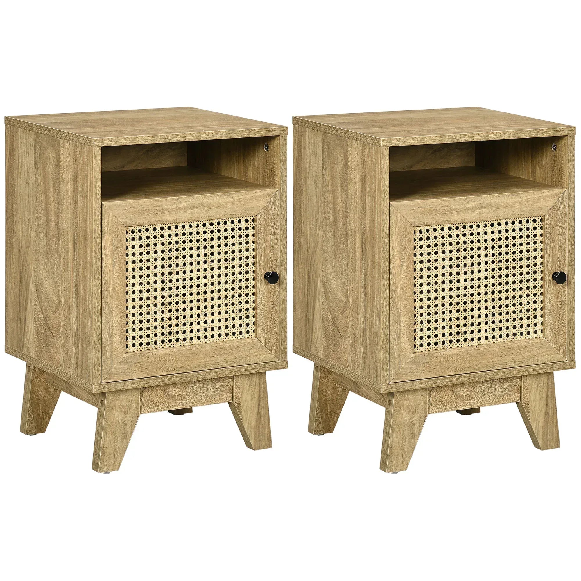 2-Piece Narrow Rattan Nightstands, Side End Table with Shelf and Cupboard, 39cm x 35cm x 60cm, Natural - Bobobiy
