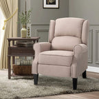 Beige upholstered recliner chair with tufted back, rounded arms, and sturdy legs