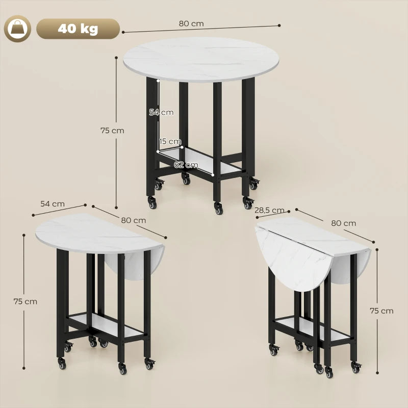 White marble rolling drop-leaf dining table with open shelf, shown in folded and extended views
