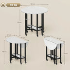 White marble rolling drop-leaf dining table with open shelf, shown in folded and extended views