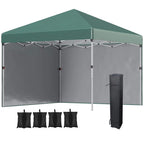 Green pop-up gazebo with two side panels, slanted canopy roof, and support frame