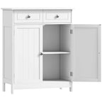 White freestanding bathroom storage cabinet with two drawers, open doors, and interior shelf