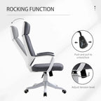 Grey office chair with headrest; rocking function and tension control detail