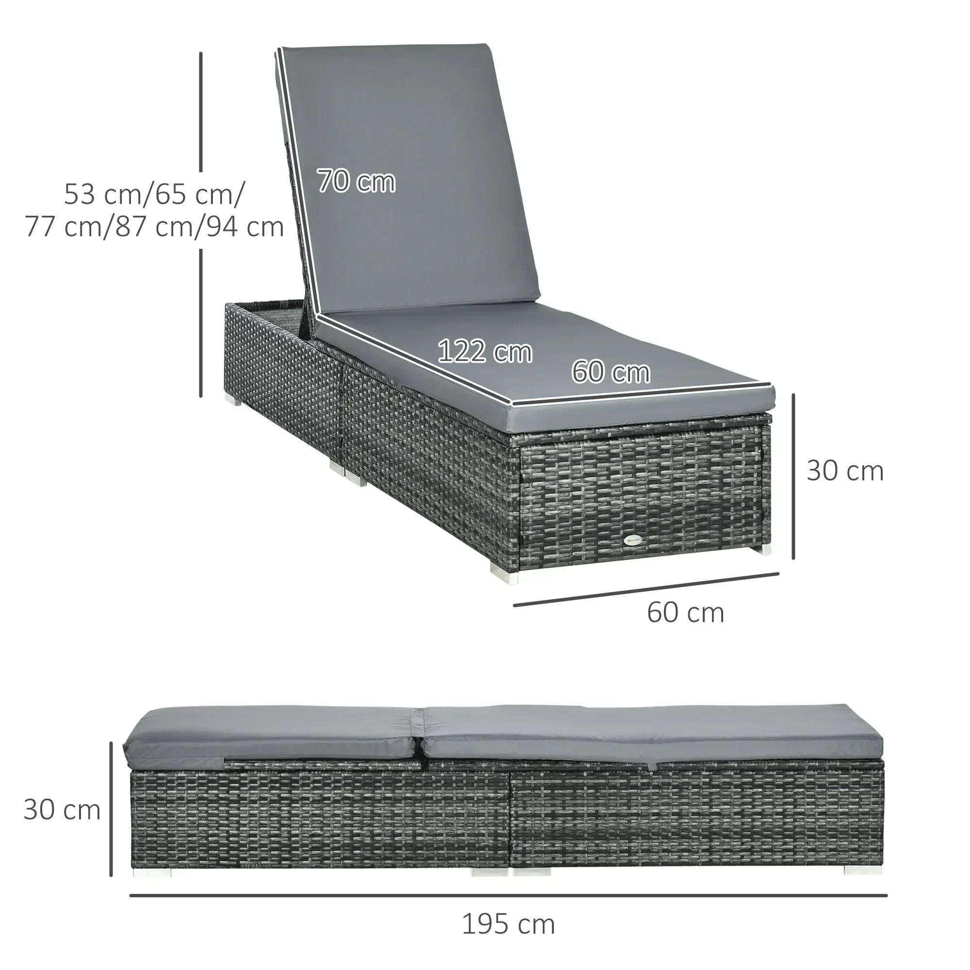 PE Rattan Sun Loungers set of 2 with Cushion, Outdoor 2 Pieces Garden Sunbed Furniture with 5-Level Recliner Backrest, Reclining Patio Wicker Bed Chair, Grey - Bobobiy