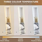 Three temperature LED lighting options for a white standing dressing mirror