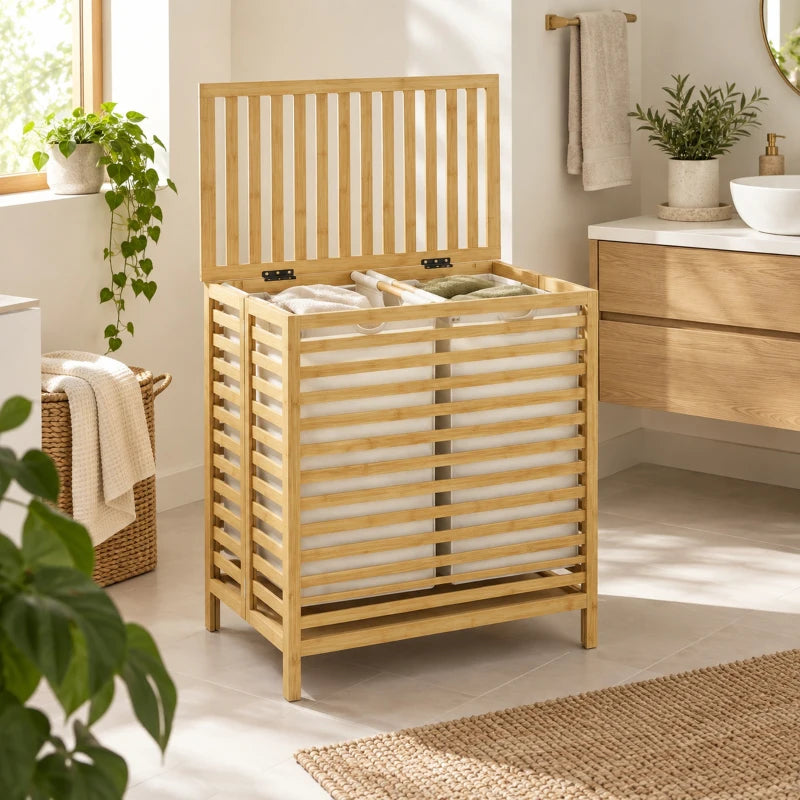 Rectangular bamboo laundry basket with lid, open top, and slatted sides