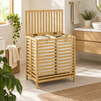 Rectangular bamboo laundry basket with lid, open top, and slatted sides