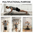 Doorway pull-up bar accessory showing exercises with black foam handles and curved frame