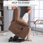Brown fabric lift recliner chair with raised back and footrest