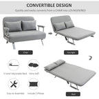 Convertible light grey sofa bed showing chair, lounger, and bed positions