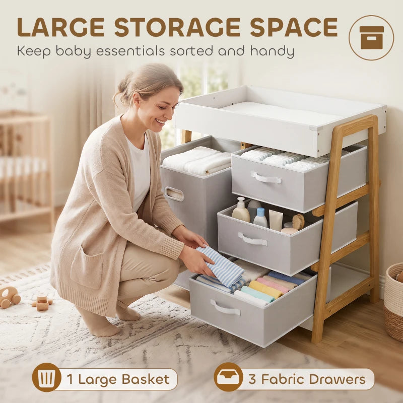 White baby changing table with open storage drawers and large fabric basket for essentials.
