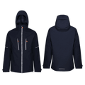 Dark hooded insulated performance jacket, full-length zip, orange pull tabs