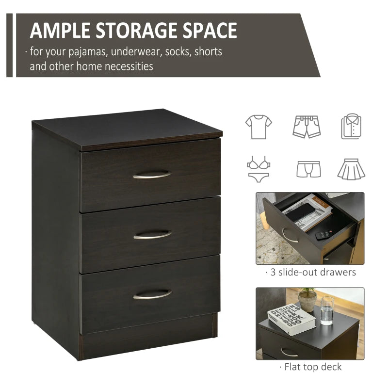 Black three-drawer bedside table with flat top and curved silver handles