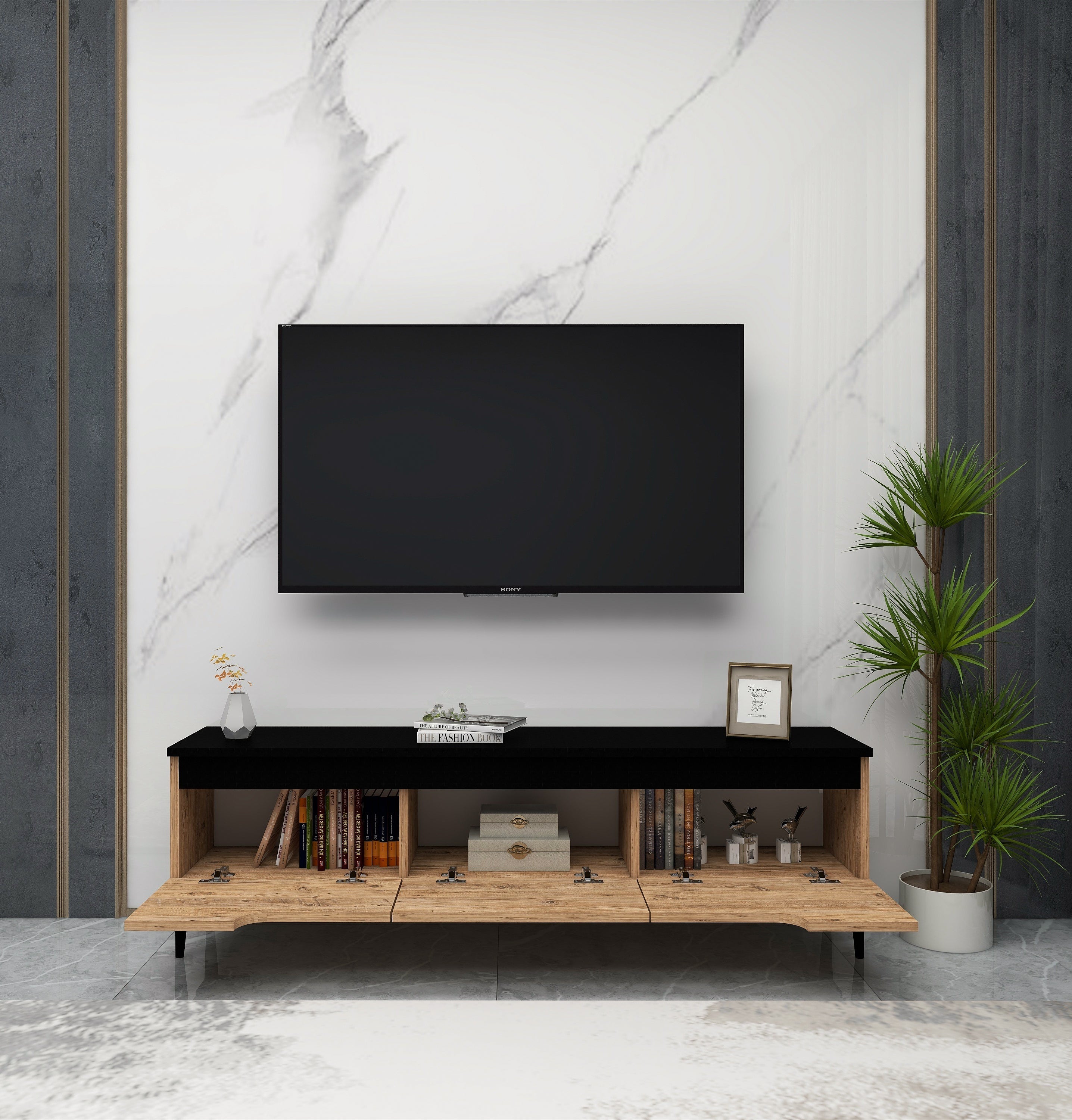 Modern TV Stand for 65-Inch TVs | 3 Cabinets, Water-Resistant Finish, Easy Assembly-Amiray