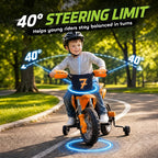 Orange kids electric motorbike with front wheel lights, thick tires, training wheels
