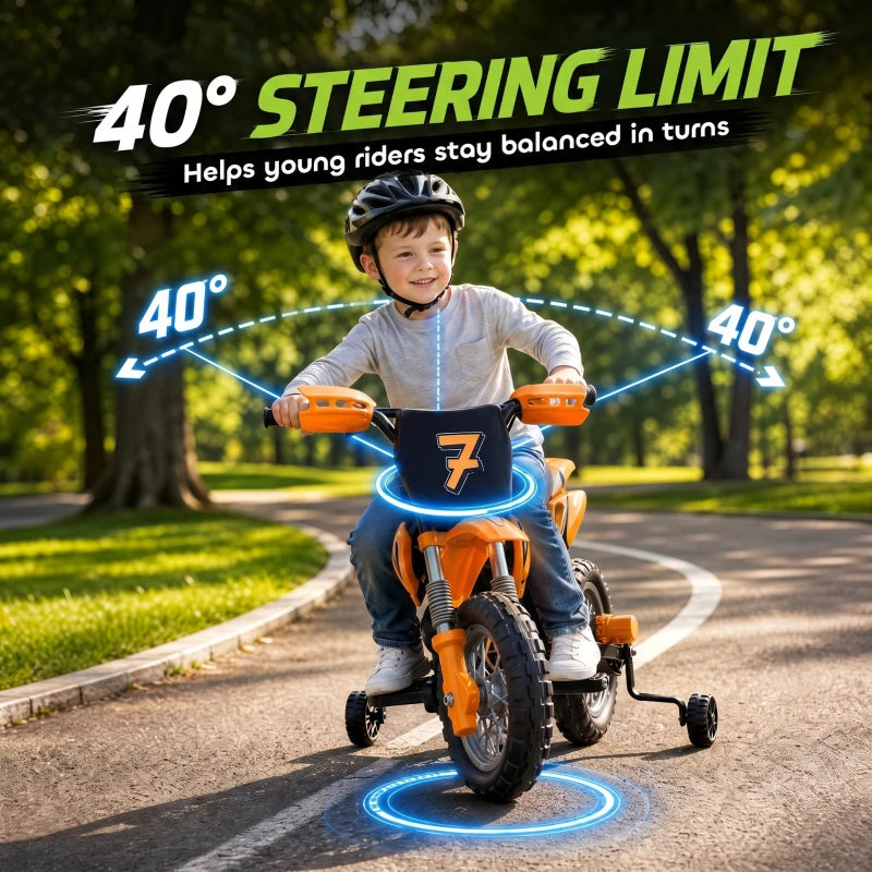 Orange kids electric motorbike with front wheel lights, thick tires, training wheels