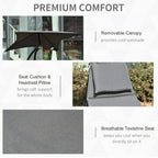 Grey rocking chaise lounge with canopy, seat cushion, and headrest pillow