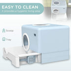 Blue enclosed cat litter box with pull-out tray and included cleaning scoop