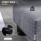 Grey linen ottoman footstool cube with strong black legs, stitched upholstery