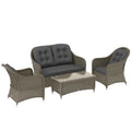 Four-Piece Rattan Sofa Set, with Glass-Top Table - Light Grey - Bobobiy