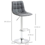 Grey tufted bar stool with adjustable height column and circular chrome base