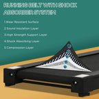 Black foldable motorized treadmill running belt with shock-absorbing deck layers