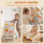 Wooden activity walker with removable panel for standing and tabletop play