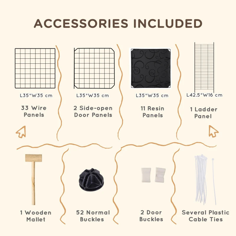 Accessories included diagram for metal mesh pet playpen with doors, panels, and ladder