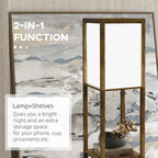 Brown 2-in-1 shelf floor lamp frame with open storage cubbies beside lamp shade