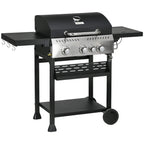 Black four-burner steel gas grill with thermometer on lid and two side shelves