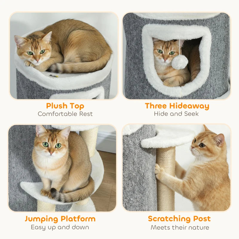 Gray cat tree collage showing plush top, three hideaway condos, and scratching post