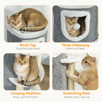 Gray cat tree collage showing plush top, three hideaway condos, and scratching post