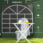 Green side panel with large arched window grid and translucent panel view, plus visible tips.