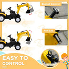 Yellow ride-on construction tractor with control levers and bucket
