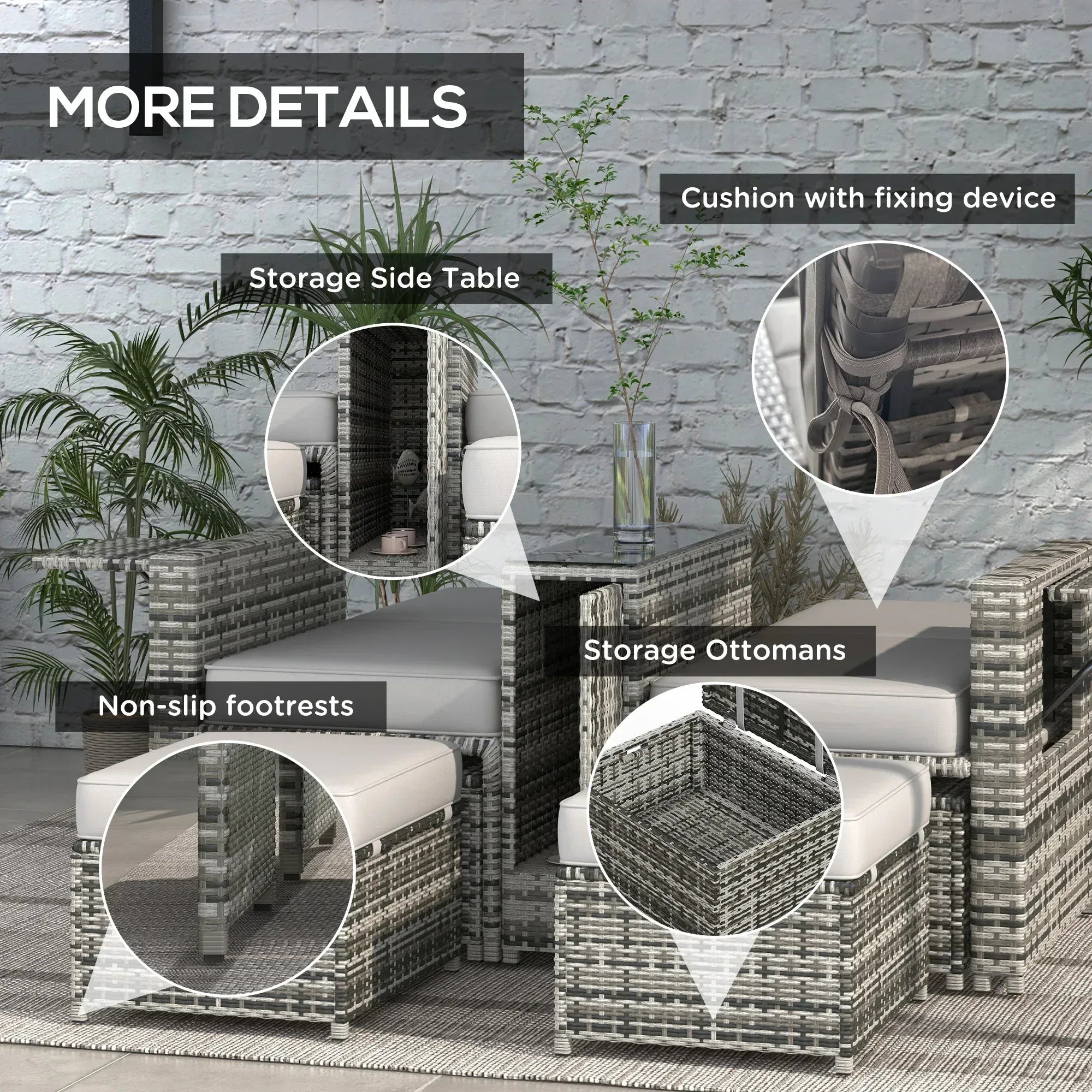 Rattan Sun Lounger w/ Storage Tea Table & Footstools, Grey - Bobobiy