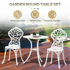 White garden round bistro table set with two carved floral chair backs
