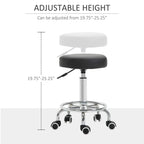 Black cushioned round stool seat on chrome height-adjustable base with locking lever