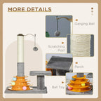 Grey cat tree tower details: hanging ball, scratching post, perch, and ball toy