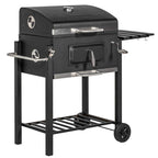 Black charcoal grill with height-adjustable coal pan and front swing door