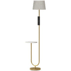 Gold-tone floor lamp with linen drum shade and round side shelf