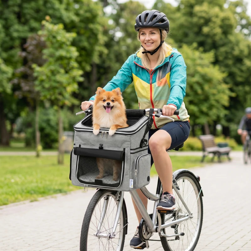 Light grey soft-sided dog bike basket with mesh front window and secure front panel