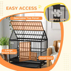Black dog crate with openable top panel, sliding safety lock, and front doors