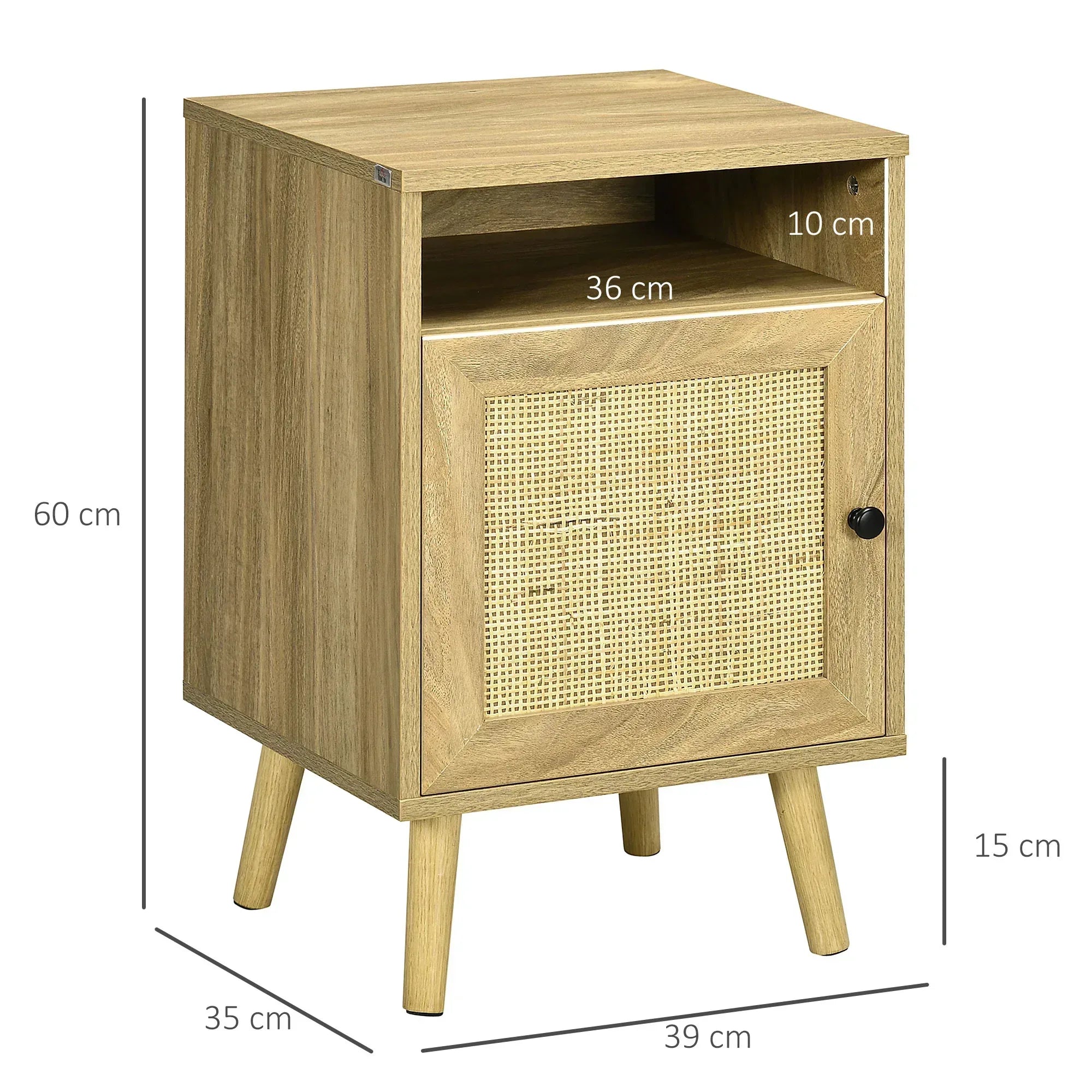 Bedside Table with Rattan Element, Side End Table with Shelf and Cupboard, 39cmx35cmx60cm, Natural - Bobobiy