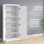 White tall storage cabinet with four doors and adjustable shelves, open empty interior