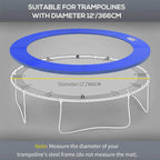 Blue trampoline pad ring on a trampoline, sized for 12 ft/366 cm diameter