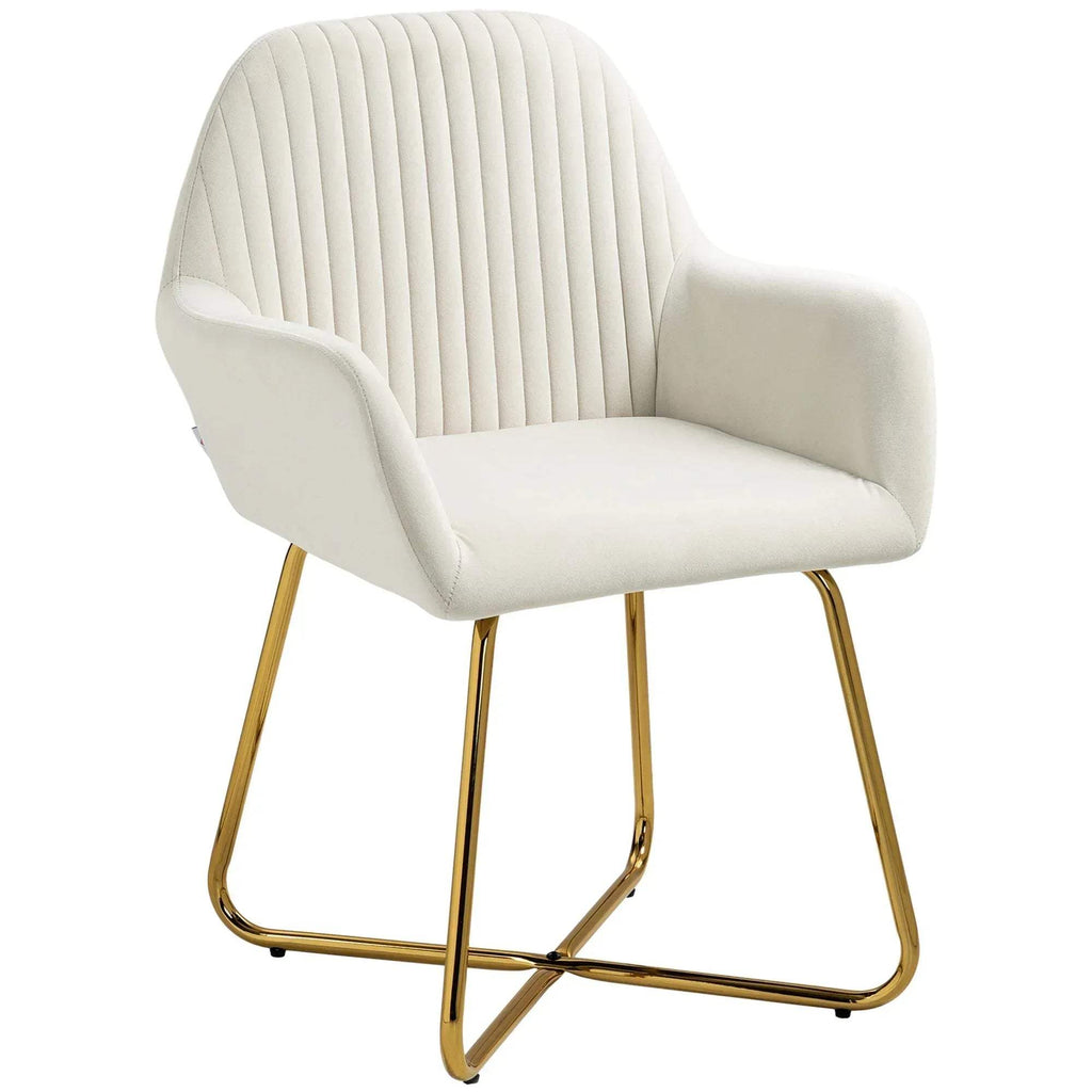 Cream upholstered accent arm chair with vertical channel back and gold metal sled base