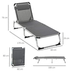 Dark gray foldable reclining lounger with adjustable back, aluminum frame, pillow