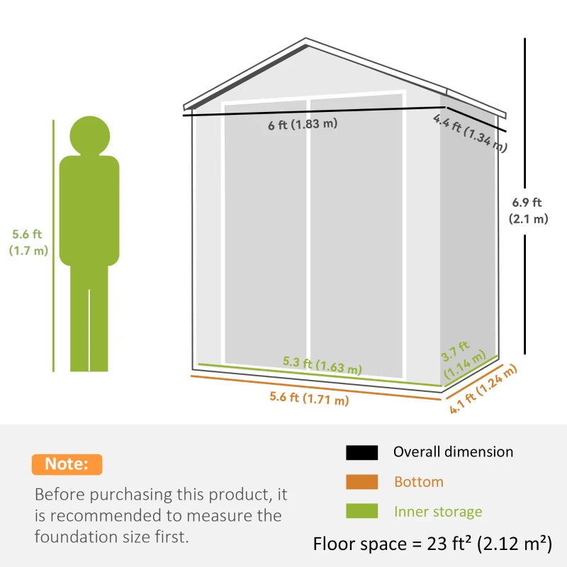 Garden storage shed floor plan diagram with overall dimensions and floor space