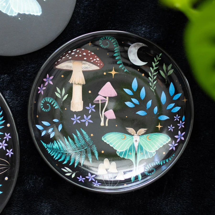 Decorative plate with fairy and mushroom design on a dark background